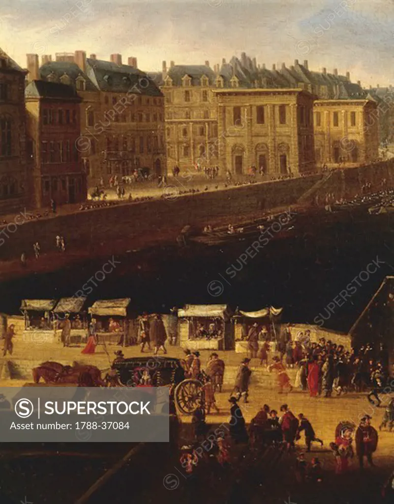 France, 17th century. View of Paris from the Pont Neuf, 1660. Details: the Left Bank and stalls.