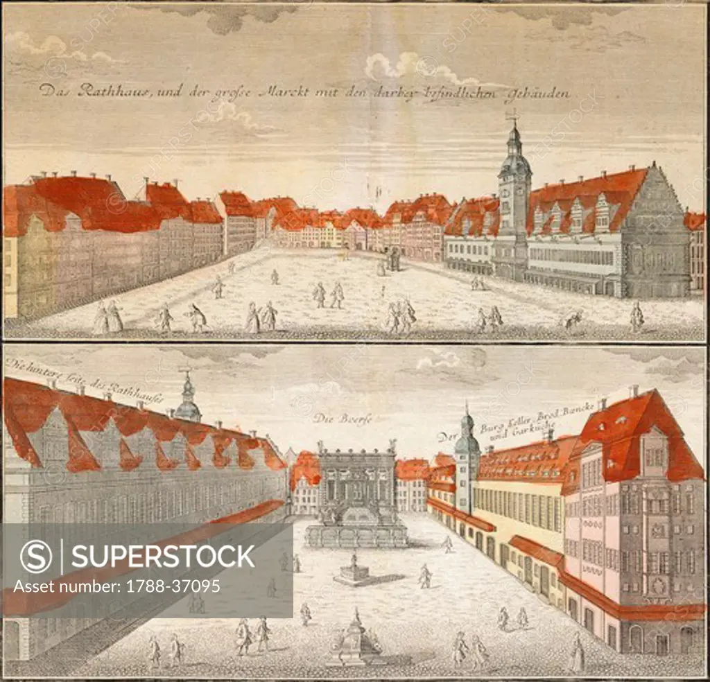 The Town Hall Square and the Stock Exchange Square in Leipzig, Germany 18th Century. Coloured engraving.
