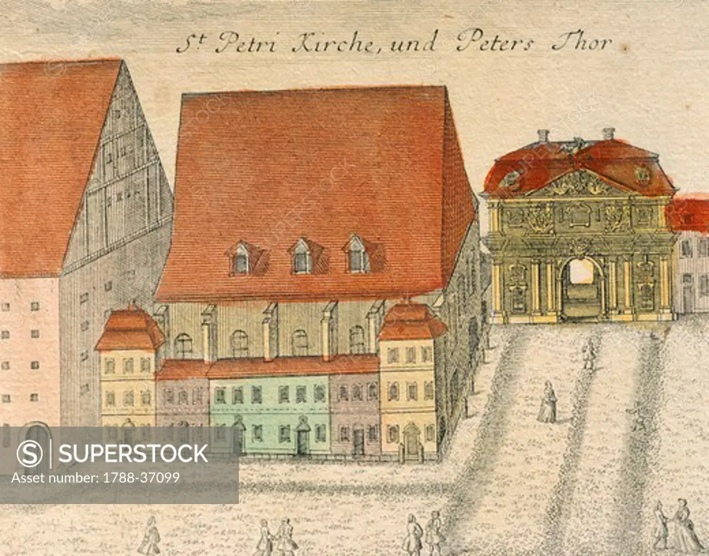 St Peter Church and St Peter Gate, Leipzig, Germany 18th Century. Colour print.