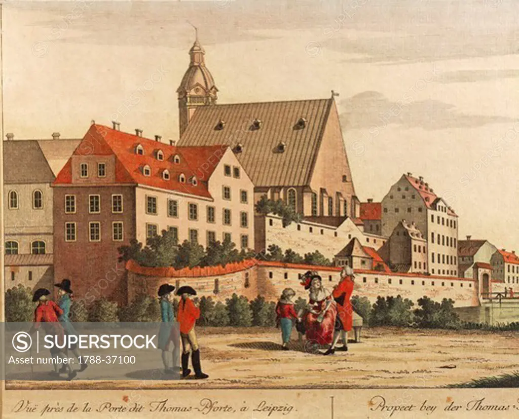 Germany, 18th century. Leipzig,  view of Thomasschule (Saint Thomas's School) and Thomaspforte in 1784.