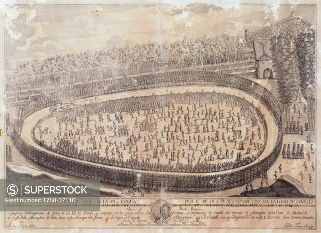 Amphitheatre in wood for the horse races in Lucca, Italy 18th Century.