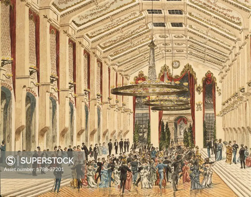 Austria, 20th century. Vienna. Inside the Sofienbad Saal, a famous ballroom. Print, 1870.