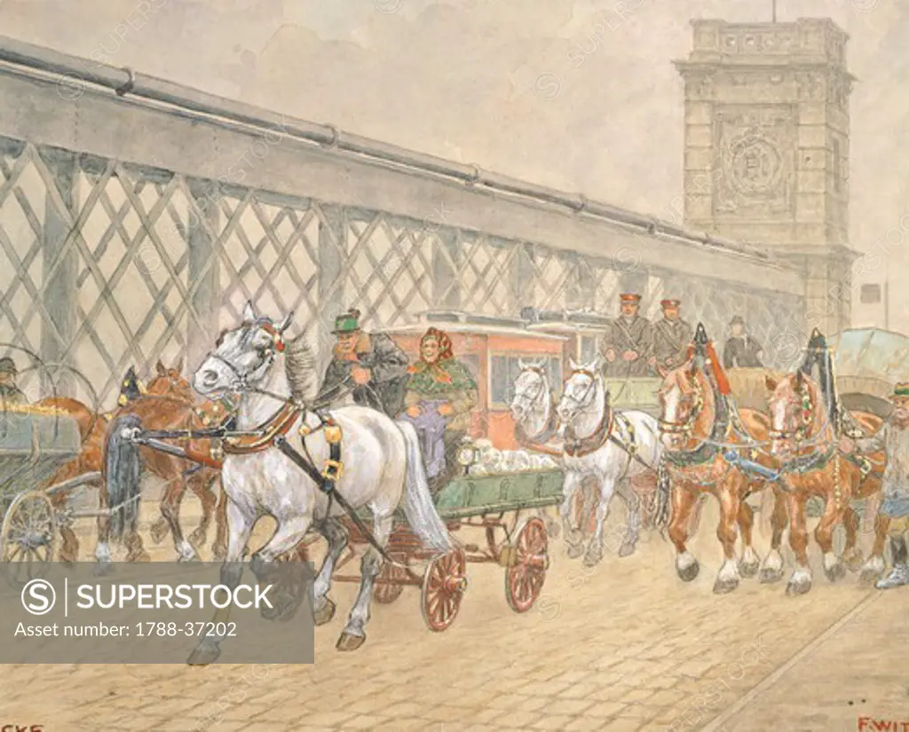 Carts on the old Augarten bridge in Vienna, Austria 20th Century. Watercolour.