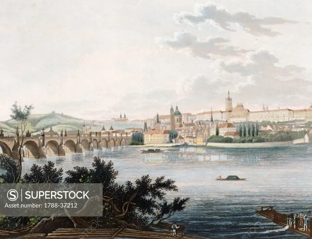 View of Praga on the Moldava River (Vltava), by Vincent Morstadt, Czech Republic 19th Century.