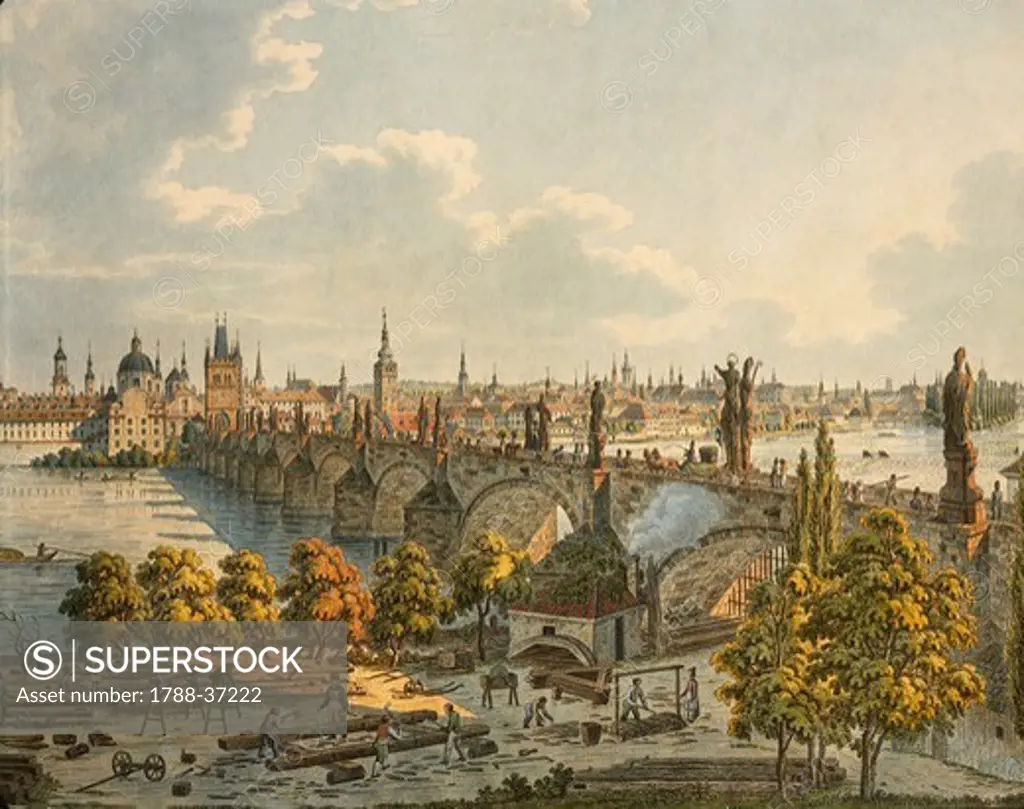 Czech Republic, 19th century. Prague, view of Ponte Carlo (Charles Bridge) over the Vltava River. Engraving.