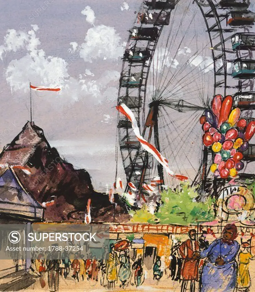 Ferris wheel at Vienna Prater, by Franz Gareis, Austria 20th Century. Watercolour.