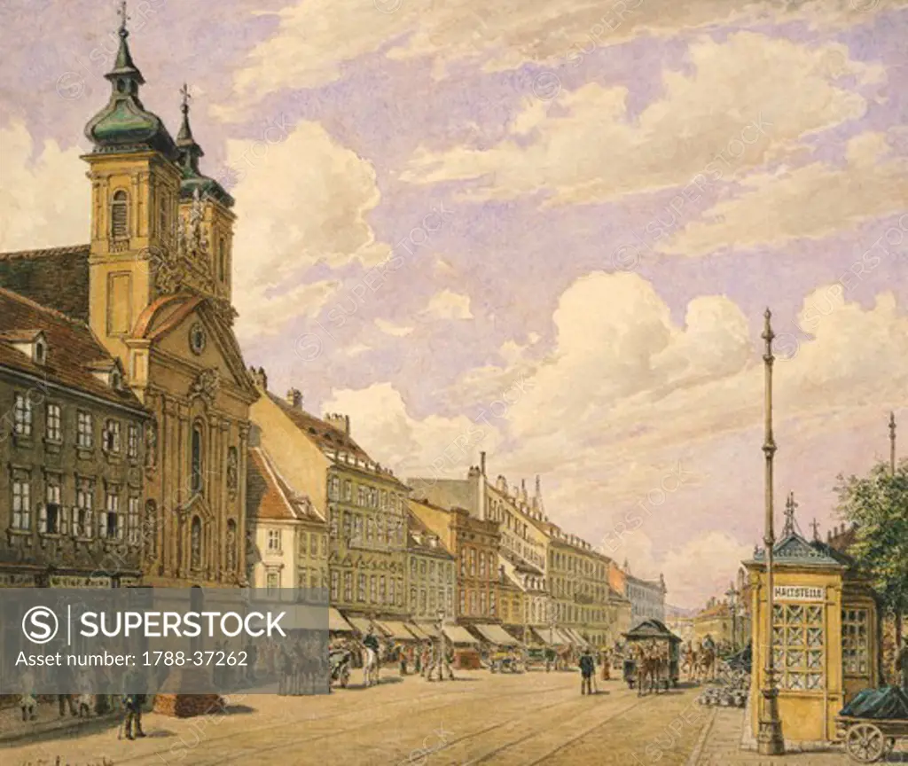 A view of  Landstrasse in Vienna, by Zafaurek, Austria 19th Century. Watercolour.