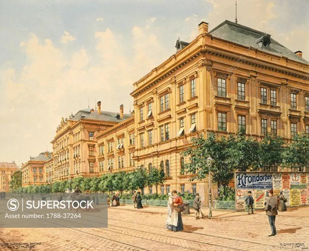 The Spittalgasse in Vienna, 1904, by Richard Moser, Austria 20th Century. Watercolour.