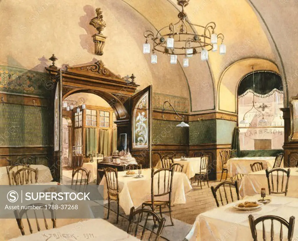 Interior of a restaurant in Vienna, 1911, by K. Zajicek, Austria 20th Century. Watercolour.