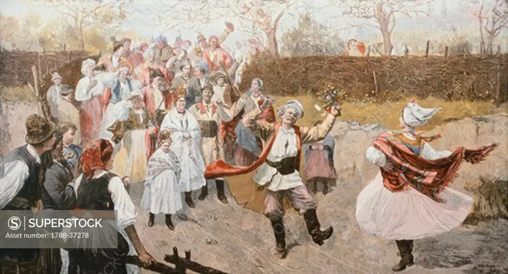 Peasant Wedding, by Wincenty Wodzinowski, Poland 19th century. Woodcut.