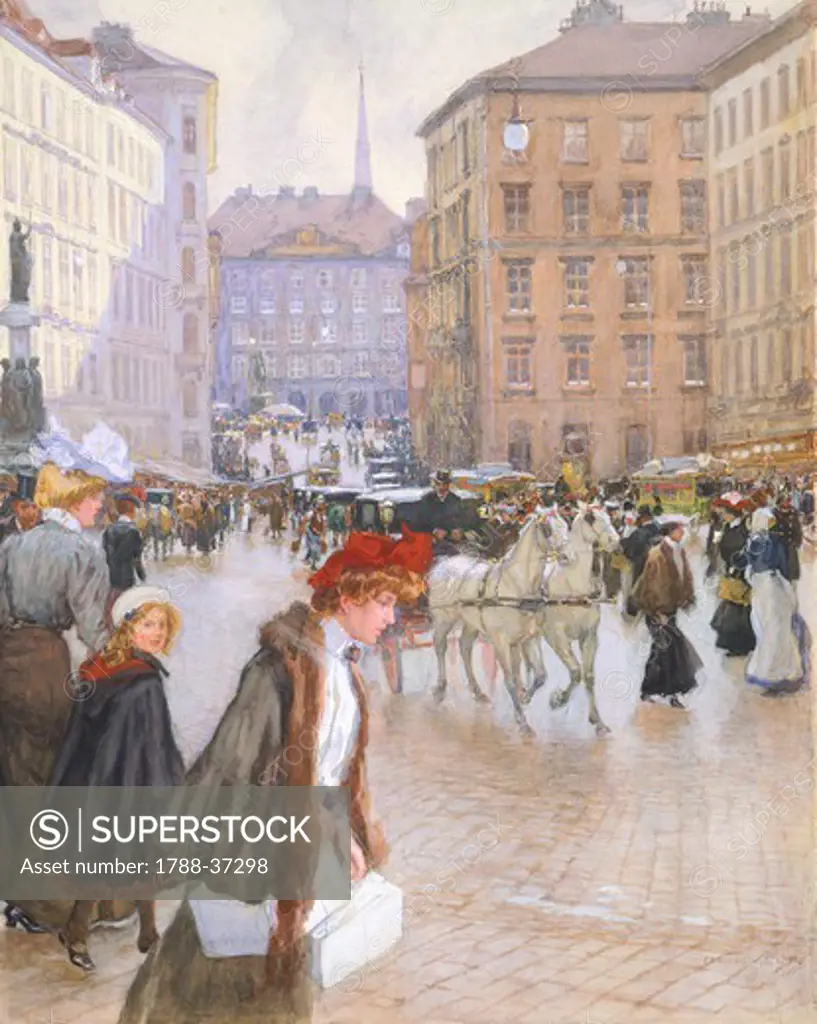 Freyung Square in Vienna, 1906, by F. Kruis, Austria 20th Century. Watercolour.