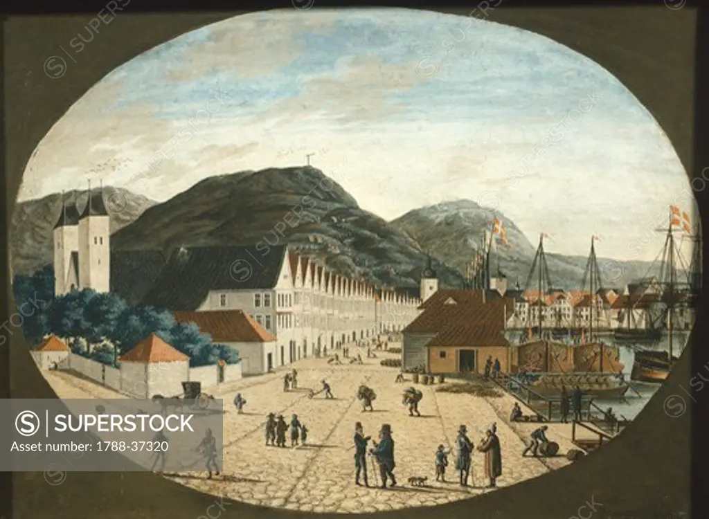 Fish market in Bergen, Norway 19th century. Watercolour.