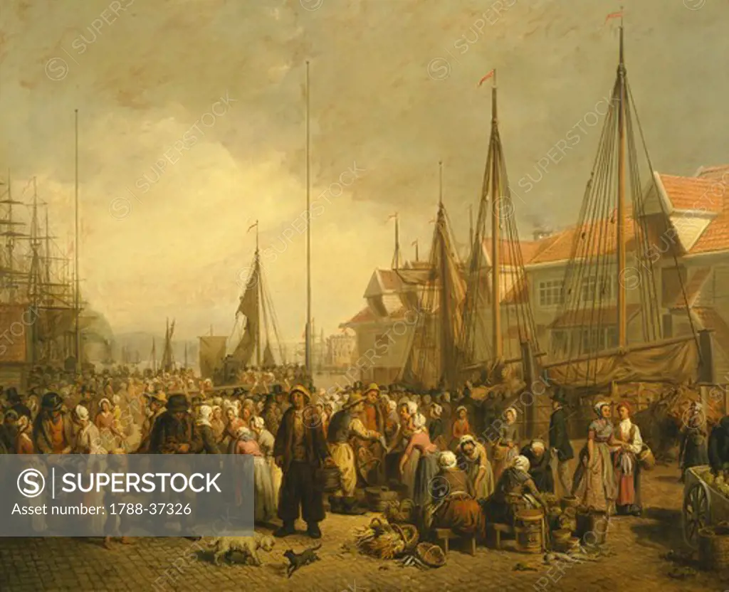 Fish market in Bergen by Knud Bergslien, Norway 19th century.