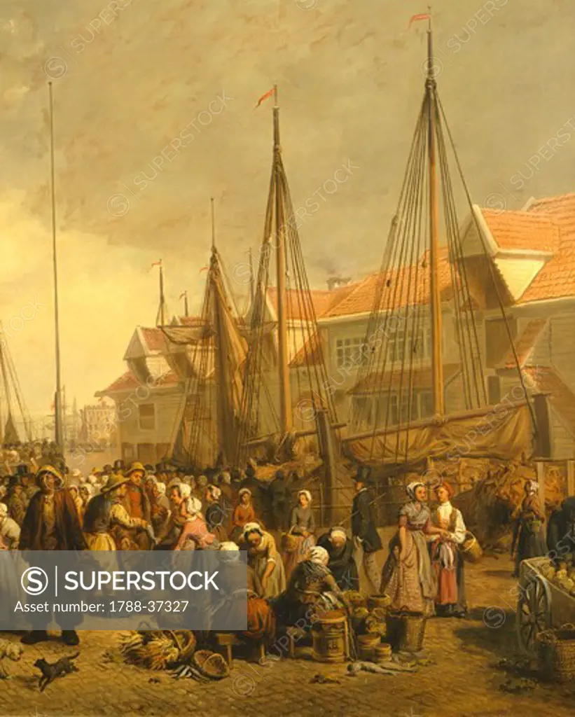 Fish market in Bergen by Knud Bergslien, Norway 19th century. Detail.