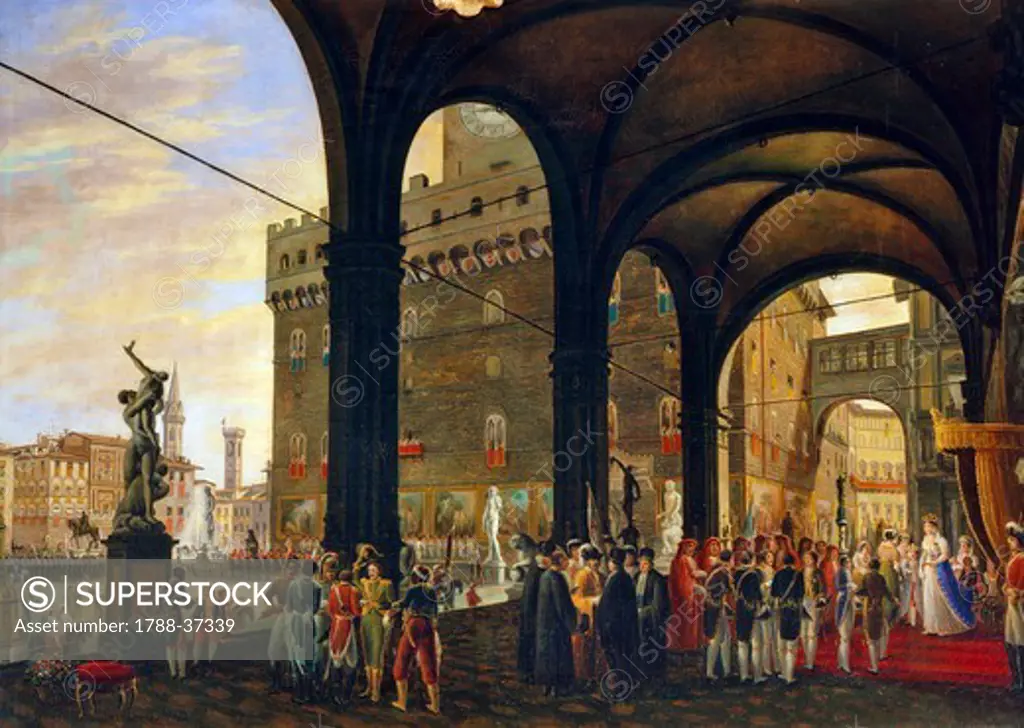 Giuseppe Gherardi (1756-1828), the Feast of gifts in Piazza della Signoria in Florence, 1809. The feast was held under The Loggia dei Lanzi building. In the background Palazzo Vecchio.