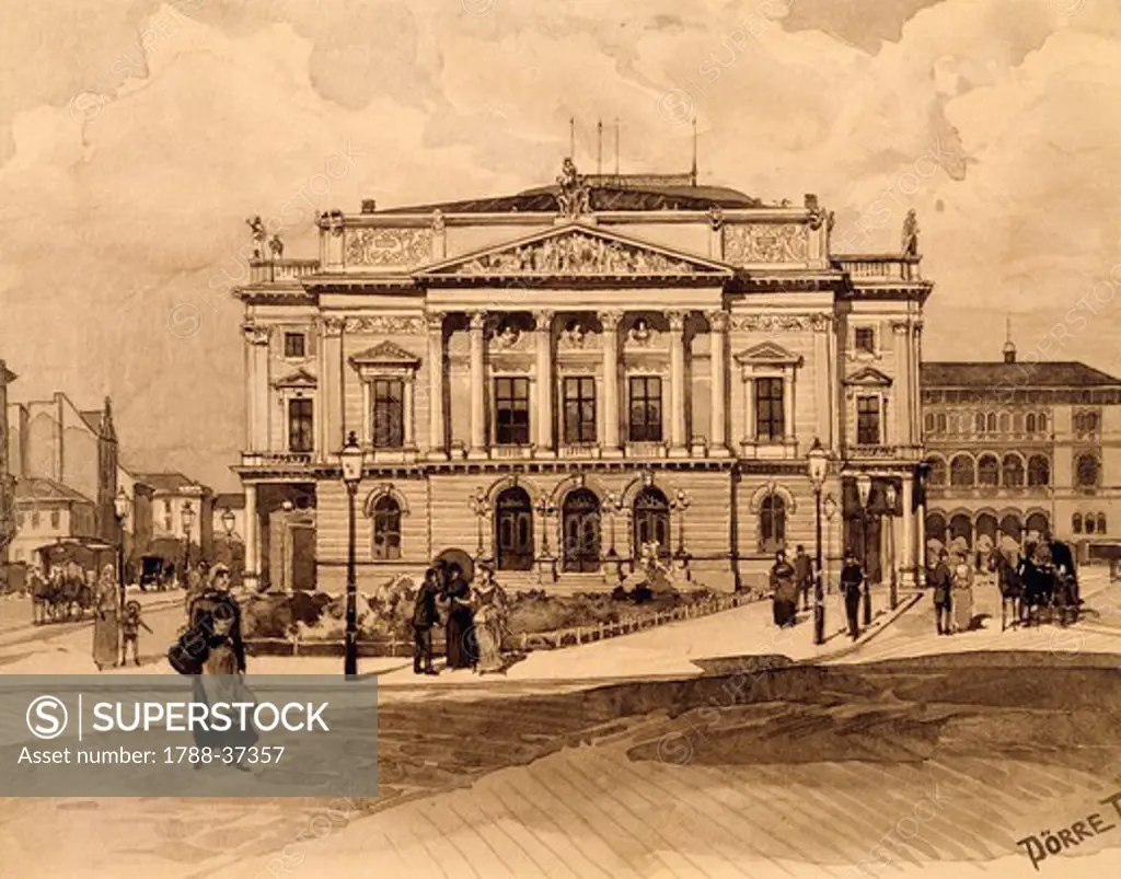 Budapest National Theatre which was destroyed during World War II, Hungary 19th century. Watercolour.