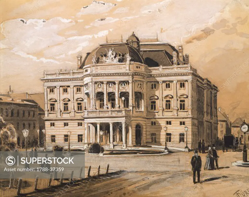 Pozsony Theatre in Budapest, Hungary 20th century. Engraving.
