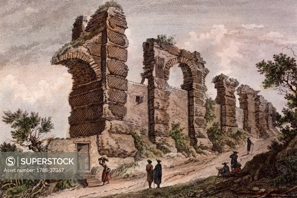 The ruins of a Roman aqueduct near Saint-Just Gate in Lyon, France 19th Century. Engraving.
