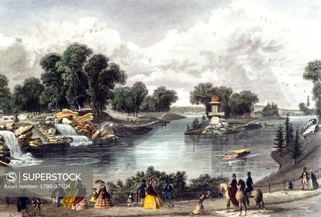 The pond of Bois de Boulogne, Paris, France 19th century.