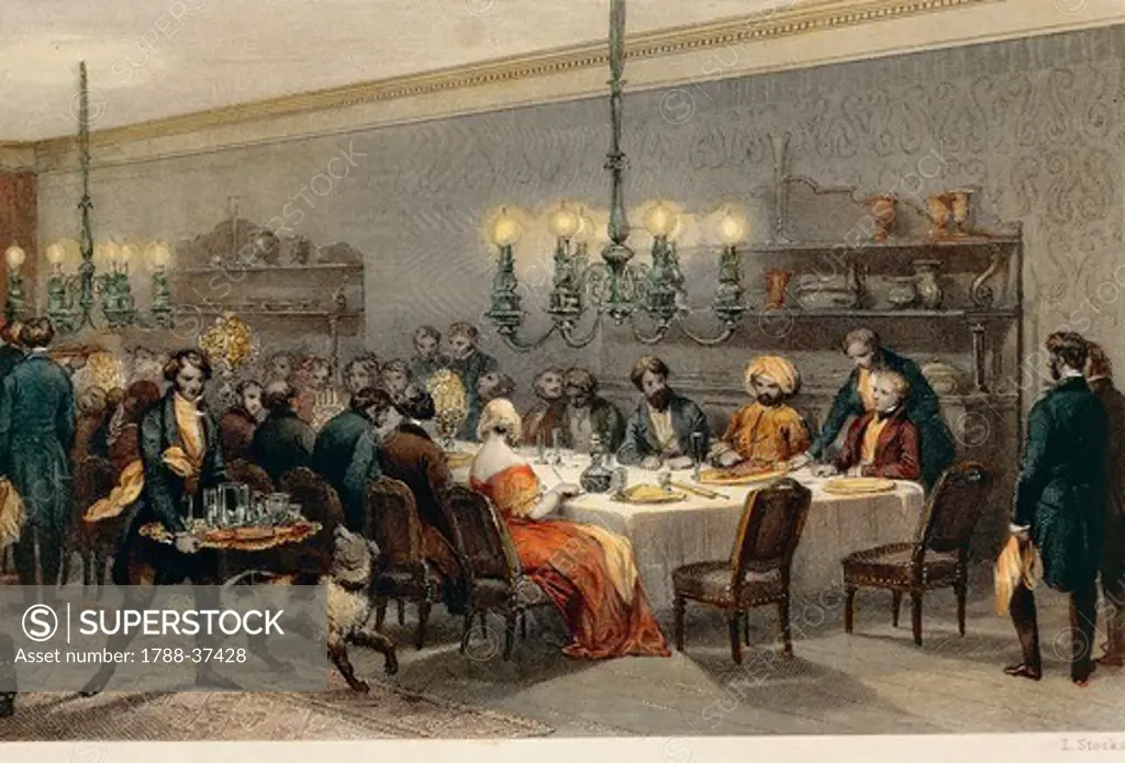 Communal table at Hotel des Princes (The Princes Hotel), Paris, France 19th century. Engraving