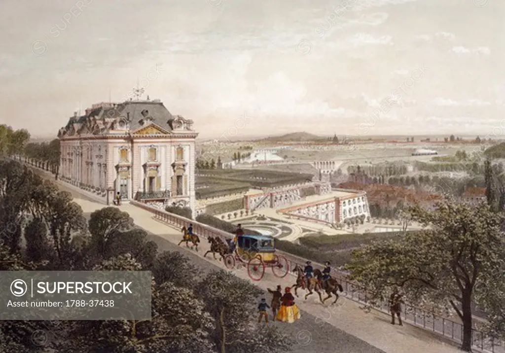 View from the upper terrace at Meudon, France 19th Century.  Engraving.