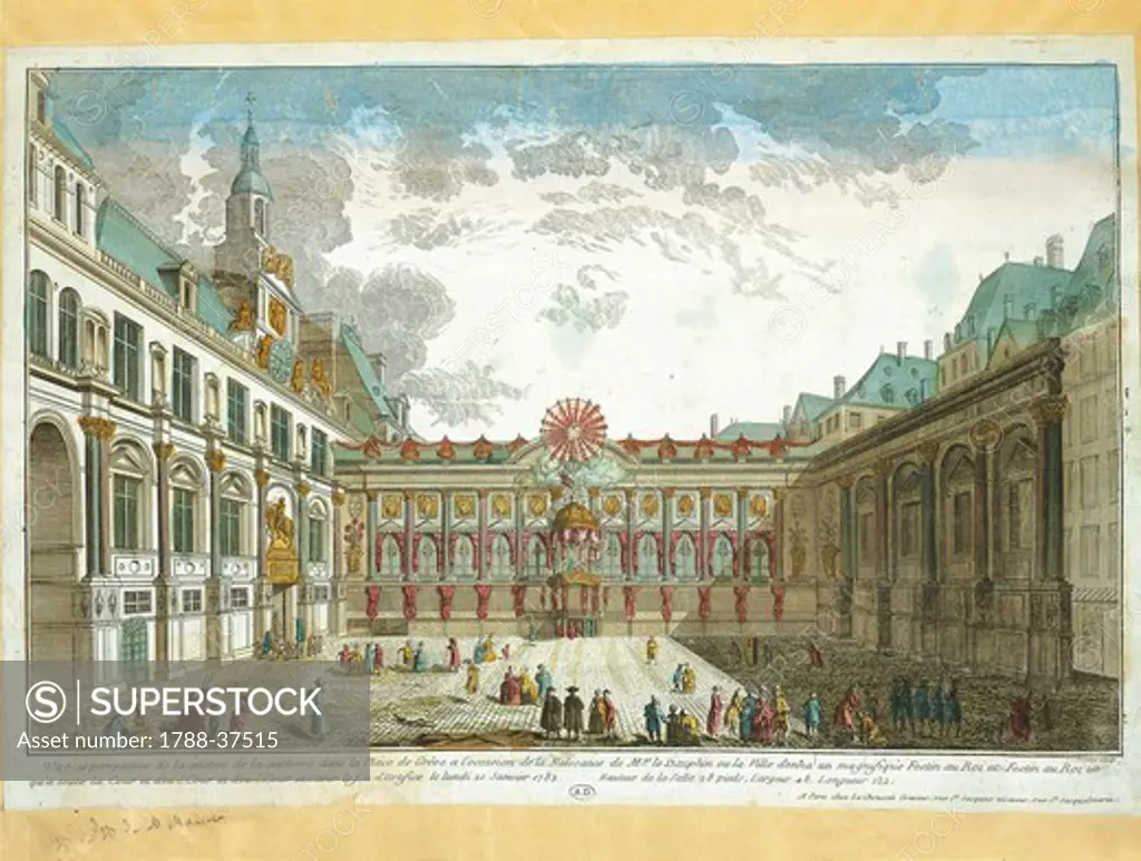 France,18th century. Paris, Place de Greve (Greve Square), today Place de l'Hotel-de-Ville (Hotel-de-Ville Square) on the occasion of celebrating the birth of the Dauphin, January 21, 1782. Engraving.
