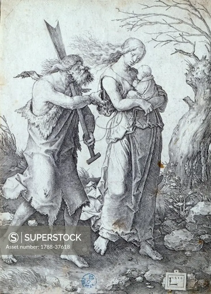 Adam and Eve wandering, by Lucas van Leyden (known as Lucas da Leida, 1494-1533), engraving.