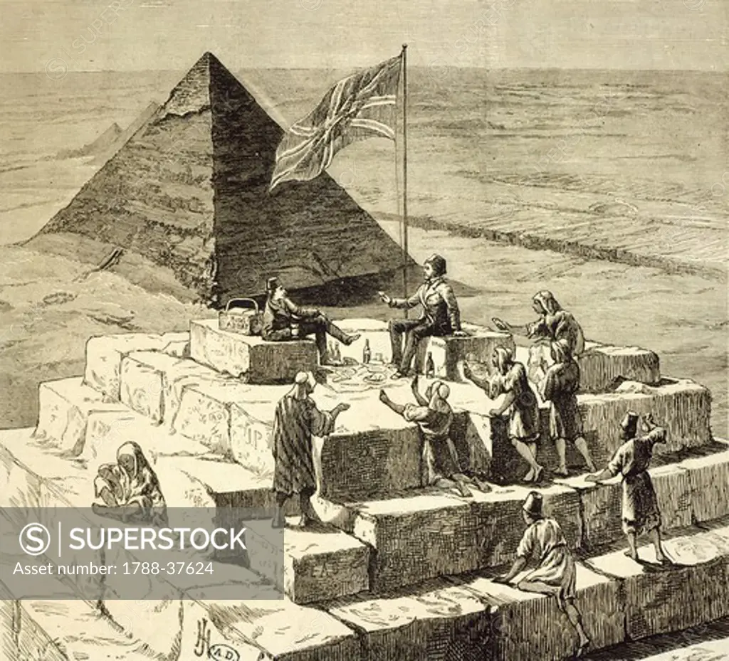 View of the Pyramid of Chefren from the top of Cheope Pyramid in Giza, Egypt 19th Century. Engraving.