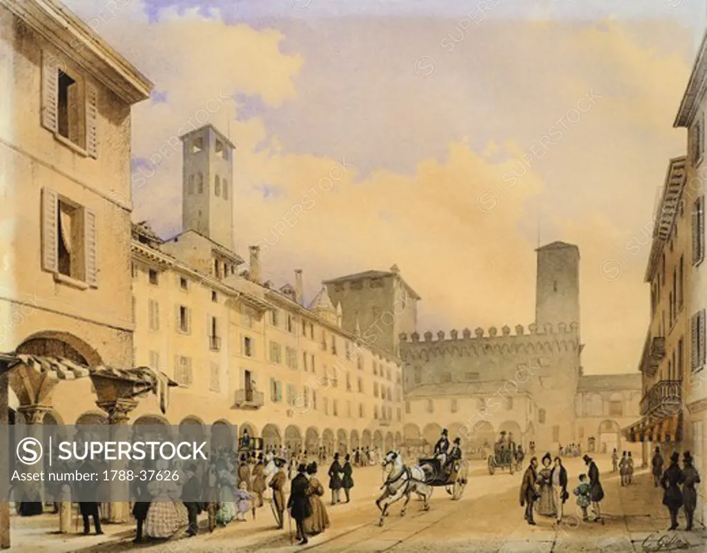Cathedral Square in Cremona, before 1836, by Carlo Gilio Rimoldi (1787-1841), watercolour on paper, Italy 19th century.
