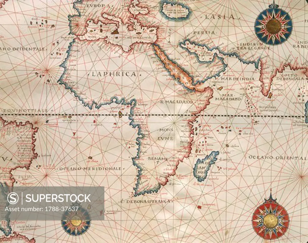 Cartography,16th century. World map by Giorgio Sideri, known as Callapoda or Calopodio da Candia. Details of Africa.