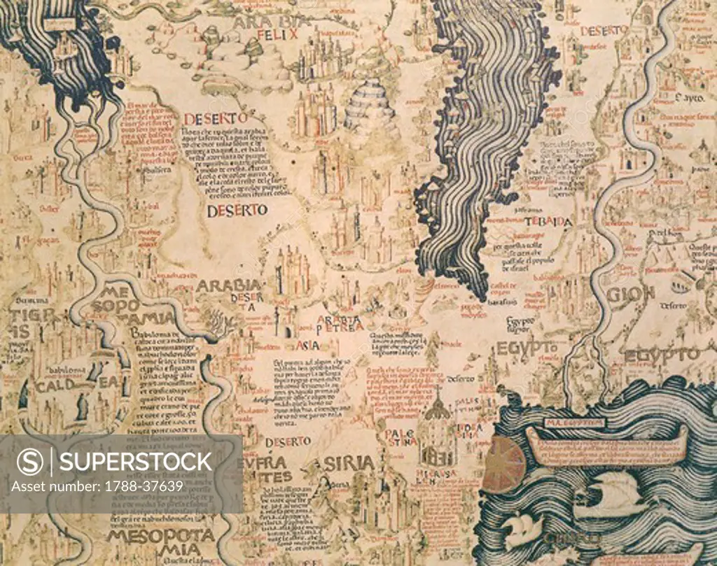 Cartography, 15th century. World map by Camaldolese monk Fra Mauro, 1449. Detail: Northern Africa.