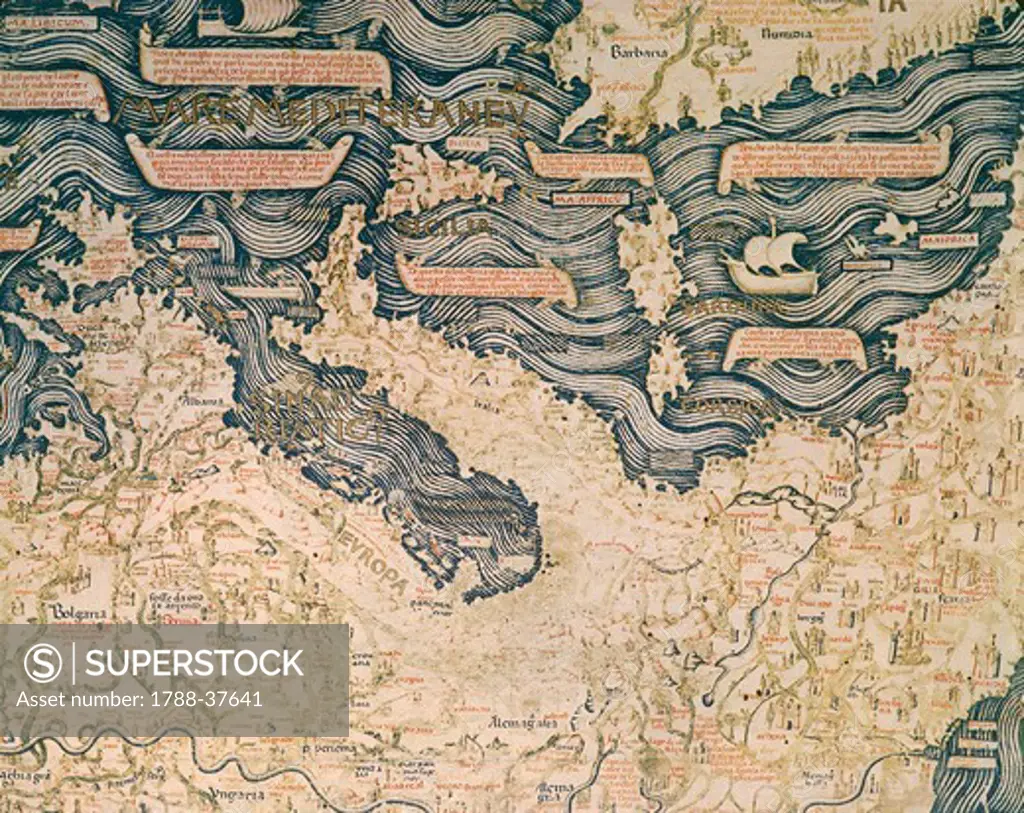Cartography, 15th century. World map by Camaldolese monk Fra Mauro, 1449. Detail: Italy