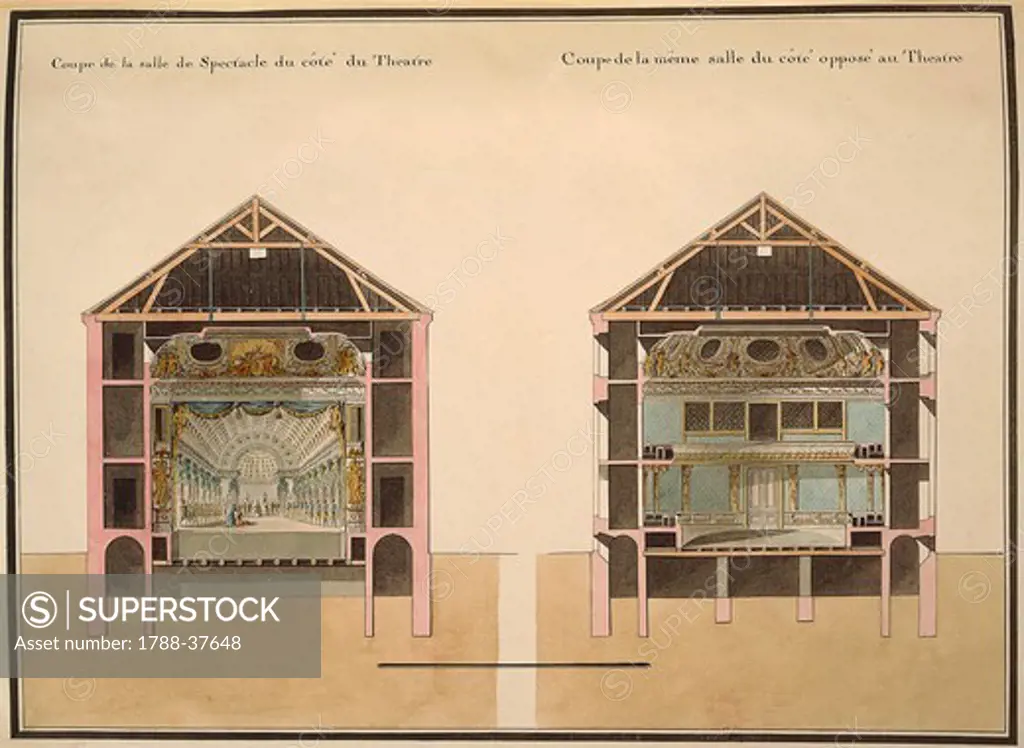 Claude-Louis Chatelet (1753-1795), Recueil des Plans du Petit Trianon, 1781. Cross section of the theatre: the stage and the stalls. Watercolor.