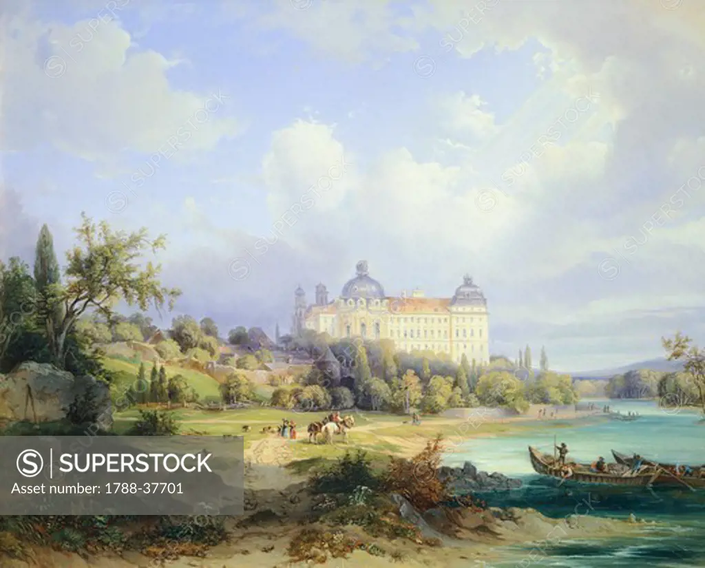 Klosterneuburg Monastery on the Danube River, by Ignaz Raffalt (1800-1857), Austria 19th Century.
