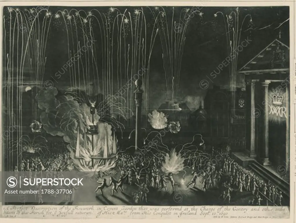 Fireworks at Convent Garden, London, on the occasion of William III returns after the conquest of Ireland, 10 September 1690, England 17th century.