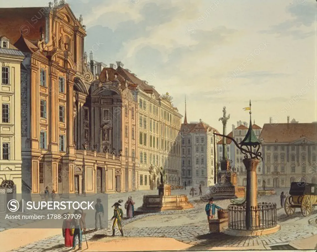 Austria, 19th century. Vienna, Am Hof Square with the Church of the Nine Angelic Choirs (Kirke am Hof) and the Column of the Virgin (Mariensaule)