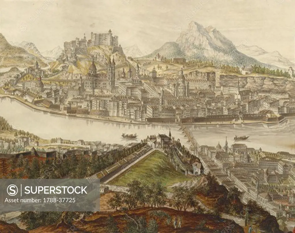 Austria, 18th century. View of the city of Salzburg on the Salzach River with the Old City and the Hohensalzburg fortress, detail.