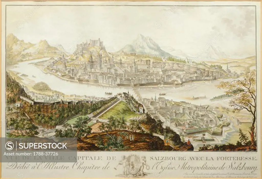View of Salzburg with the fortress, Austria 18th Century. Engraving.