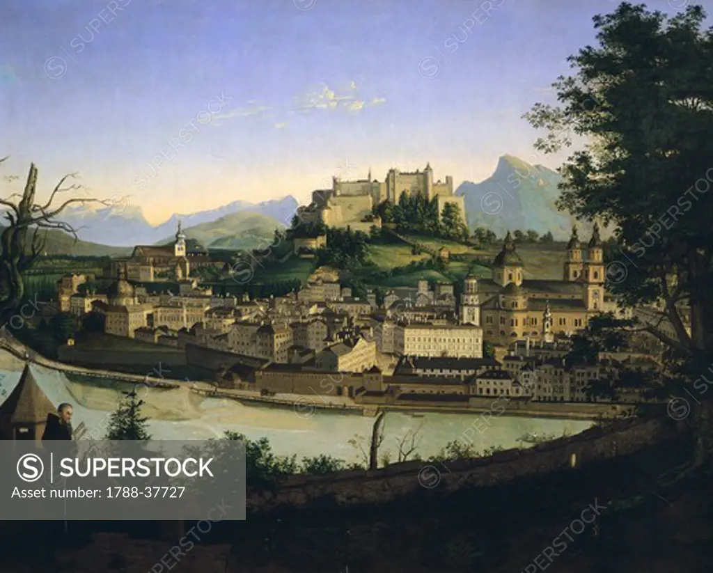 View of Salzburg,  by Franz X. Mandl, 1835, Austria 19th Century.