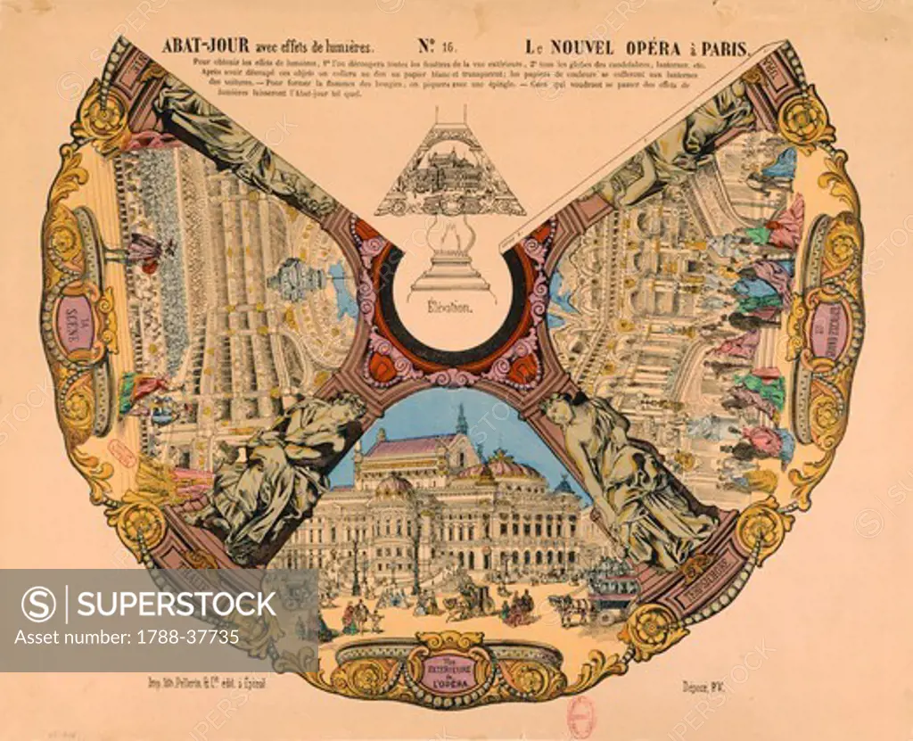 The Paris Opera, France. Illustration for lampshade model 19th century.