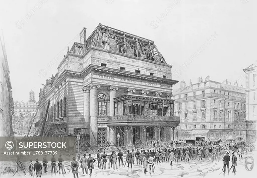 France, 19th century. Paris. The Royal Theatre de l'Opera Comique after the fire on the night between 25th and 26th May 1887. It shows the second Salle Favart built in 1840 and completely renovated in 1879.