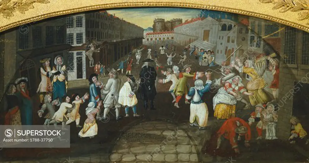 Fun and games in the rue St Antoine in Paris, France 17th Century.