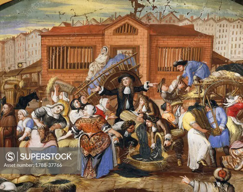 France, 17th century. Fish auction at Halles, the Paris general markets ended in 20th century. Unknown artist. Details.