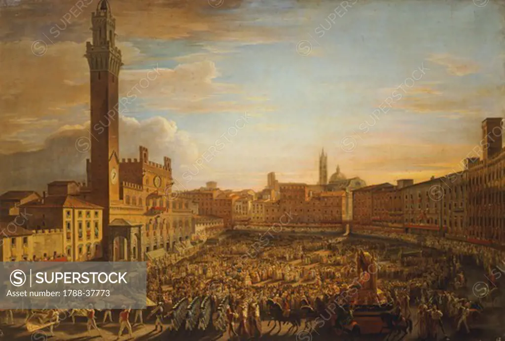 Walk of the Palio of August 18, 1833, by Francesco Nenci (1782-1850), oil on canvas, Italy 19th century, 90x137 cm.