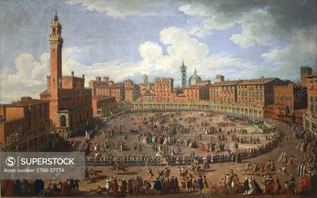 Giuseppe Zocchi (1711-1767), Il Palio di Siena run in honor of Francis I and Maria Theresa of Austria on April 3rd, 1739. Seen from Piazza del Campo.