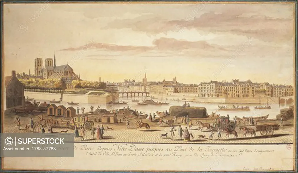 France, 18th century. Ile de la Cite (City island), Notre-Dame Cathedral and the banks of the Seine in Paris in 1770.