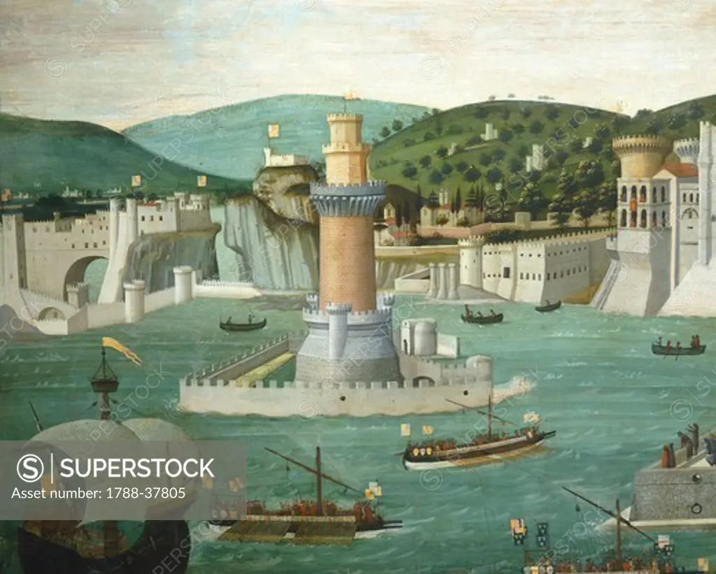 Aragonese fleet returning to Naples victorious after the Battle of Ischia 12 July 1465, from a plate by Strozzi, ca 1472, attributed to Francesco Rosselli, oil on panel, Italy 15th century, detail.