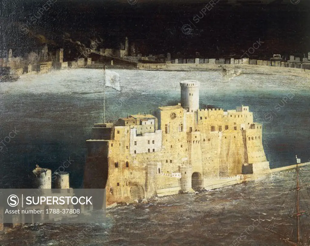 Francois Didier Nome' or Didier Barra known as Monsu' Desiderio (1589-1624). View of Naples from the sea. Detail: Castel dell'Ovo (Castle of the Egg).