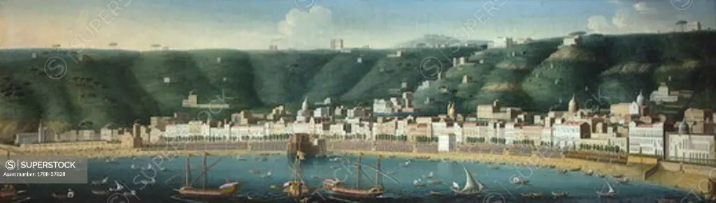 View from the sea of the Neapolitan neighbourhood in Chiaia showing Castel dell'Ovo, by Gaspar Butler, Italy 18th century.