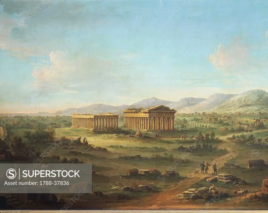 John Robert Cozens (1752-1797). The two great temples of Paestum. The Basilica on the left and the Temple of Neptune or Poseidon on the right.